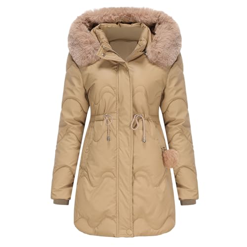 Baumwolle Einfarbig Wanderjacke mit Kapuze lange Ärmel Winterparka 3 In 1 Steppmantel Abnehmbarer Fellkapuze Komfortabel Winterjacke Mit Reißverschluss und Kordelzug warme Daunenjacke Mit Tasche Mode von CUPOOD