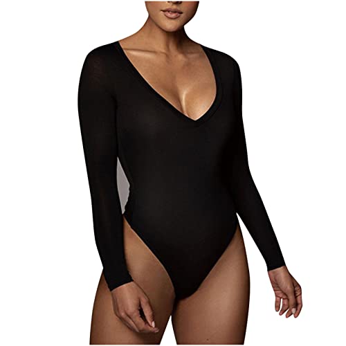 Body Damen Langarm Bodysuit Karree Ausschnitt RäUmungsverkauf Damenbody Höhe Dehnbar Leotard mit Tanga Body Suit Elegant Langarmbody Sexy Stretch Bodysuits Unterziehbody Tops für Frauen Black S von CUPOOD