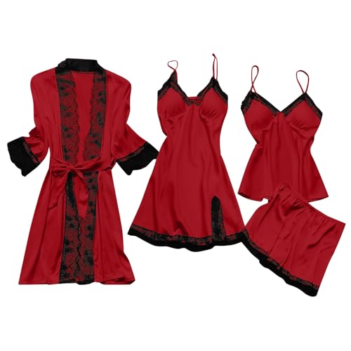 CUPOOD 4-Teiliges Schlafanzug Damen Pyjama Set 4 Stück Set Satin Nachthemd Shorts Schlafanzug Spitze Nachtwäsche Sexy Seiden Nachtkleid Negligee Robe Frühling Sommer Herbst Morgenmantel Weich Red L von CUPOOD