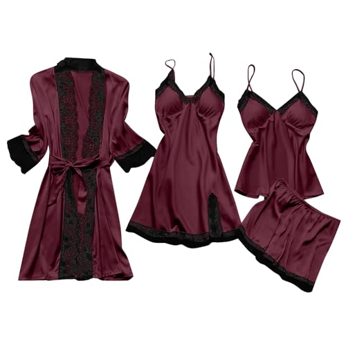 CUPOOD 4-Teiliges Schlafanzug Damen Pyjama Set 4 Stück Set Satin Nachthemd Shorts Schlafanzug Spitze Nachtwäsche Sexy Seiden Nachtkleid Negligee Robe Frühling Sommer Herbst Morgenmantel Weich Wine S von CUPOOD