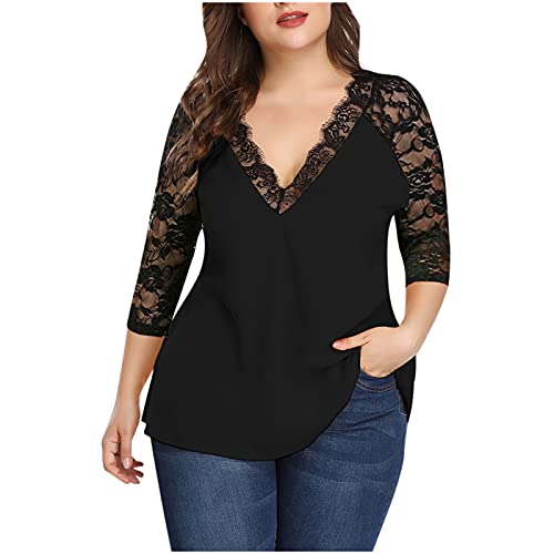 CUPOOD Bluse Damen Elegant Große Größen V-Ausschnitt Oberteile Spitze Spleißen Sweatshirt Top Bluse Damen Elegant Spitze V-Ausschnitt Chiffon Tunika Oberteile Blusen Shirt Tops Oversize Pullover von CUPOOD