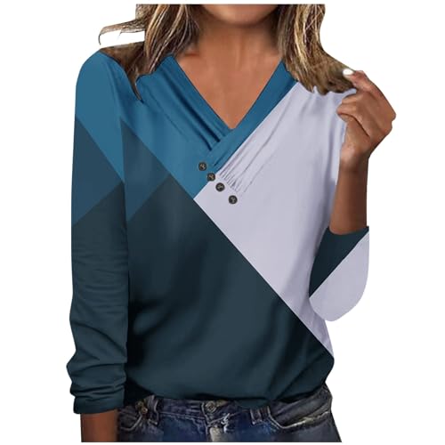 CUPOOD Bluse Damen Elegant Gürtel V-Ausschnitt Geometrischer Druck Sweatshirt Damen Ohne Kapuze Langarm Bequemer Lose Blusen & Tuniken für Damen Knopfleiste Basic Oberteile Damen Freizeit Marineblau von CUPOOD