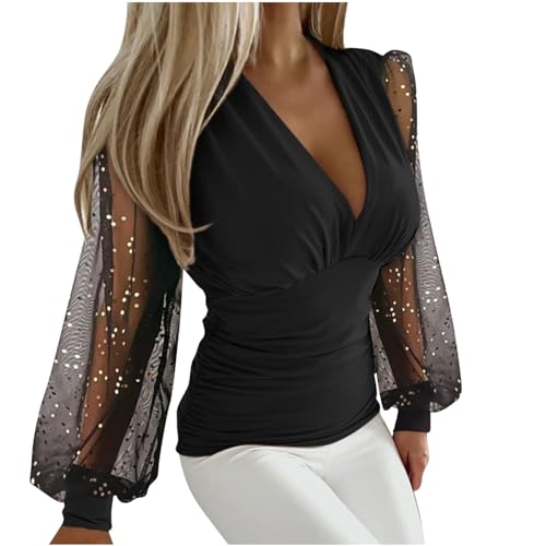 CUPOOD Bluse Damen Elegant Spitze Spleißen Transparente V-Ausschnitt Einfarbig Sweater Damen Oversized Langarm Bequem Locker Sweatshirts Für Damen Pull On Festliche Oberteile Damen Zur Hochzeit von CUPOOD