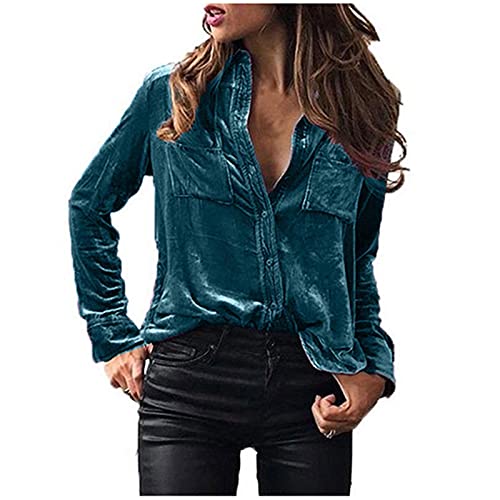 CUPOOD Damen Bluse Gold Samt Seide V-Ausschnitt Hemden Elegant Langarm Business Oberteile mit Knöpfen Tasche Tops Lose Langarmshirt Tunika Casual Bluse Langarm Button-Down Hemdbluse Business Blue S CUPOOD Damen Bluse Gold Samt Seide V-Ausschnitt Hemden Elegant Langarm Business Oberteile mit Knöpfen Tasche Tops Lose Langarmshirt Tunika Casual Bluse Langarm Button-Down Hemdbluse Business Blue S von CUPOOD
