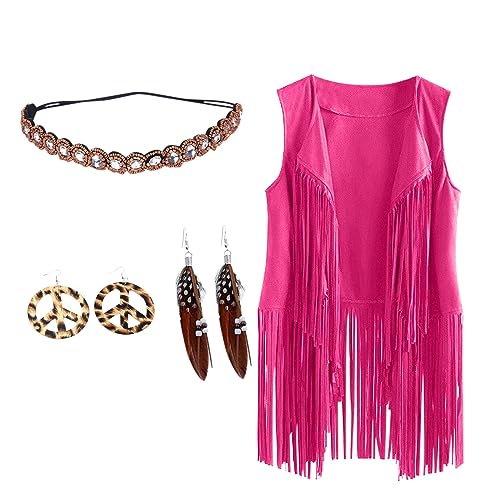 CUPOOD Damen Fransen Ärmellos Weste Hippie Kleidung 60er 70er Jahre Braun Fransenweste Fransenjacken Halloween Anzug Vintage Trendy Jacke Faschingskostüme V-Ausschnitt-Weste Pink M von CUPOOD