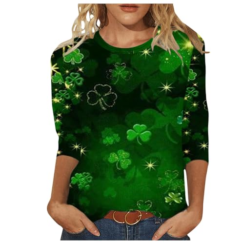 CUPOOD Damen Langarmshirt 3/4 Arm St. Patrick's Day Rundhals Tunika Muster Locker Shirt Damen St. Patricks Day Oberteile Kleeblatt Print Tops Sweatshirt Sankt Patricks Day Kostüm Pullover Damen Grün von CUPOOD