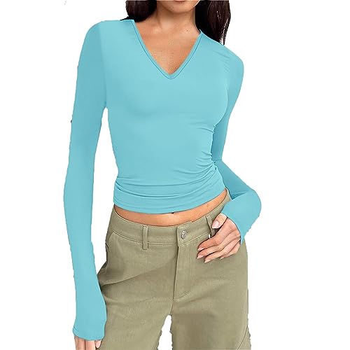 CUPOOD Damen Pullover Langarmshirts V-Ausschnitt Slim Fit Langarm Oberteile Schmale Passform Streetwear Elegant Langarm Crop Top Sexy Fitted Pullover Trendy Casual Longshirt Bluse Light Blue S von CUPOOD