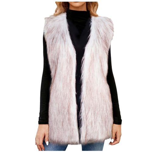 CUPOOD Damen kunstfell Weste Kunstpelz Zotteliger Einfarbig Mantel Herbst Winter Warme Mode ärmellos lang Fellweste Damen Pelzweste V-Ausschnitt Jacke Fashion Beige L von CUPOOD