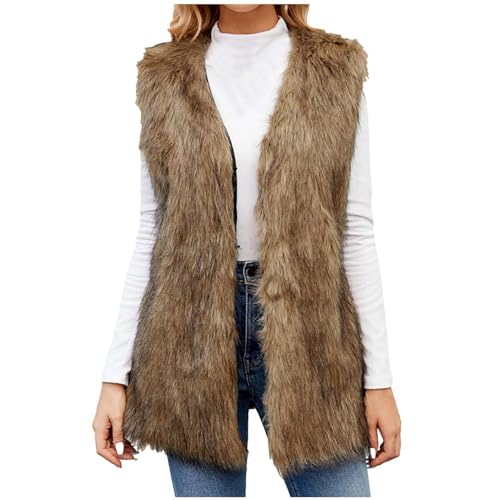 CUPOOD Damen kunstfell Weste Kunstpelz Zotteliger Einfarbig Mantel Herbst Winter Warme Mode ärmellos lang Fellweste Damen Pelzweste V-Ausschnitt Jacke Fashion Brown 3XL von CUPOOD