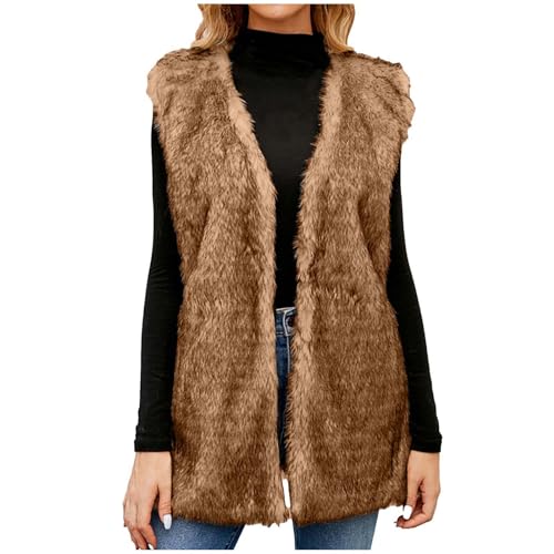 CUPOOD Damen kunstfell Weste Kunstpelz Zotteliger Einfarbig Mantel Herbst Winter Warme Mode ärmellos lang Fellweste Damen Pelzweste V-Ausschnitt Jacke Fashion Coffee 3XL von CUPOOD