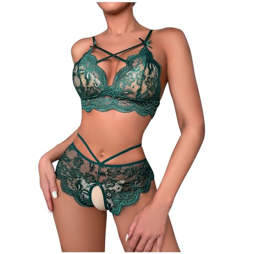 CUPOOD Dessous Damen Sexy Unterwäsche Strapsen Offener Schritt Sexy Dessous Set für Frauen V-Ausschnitt Hohe Taille Blumenspitze Criss Cross BH und Slip 2 Stück Set Riemchen Reizwäsche Dessous Sexy von CUPOOD