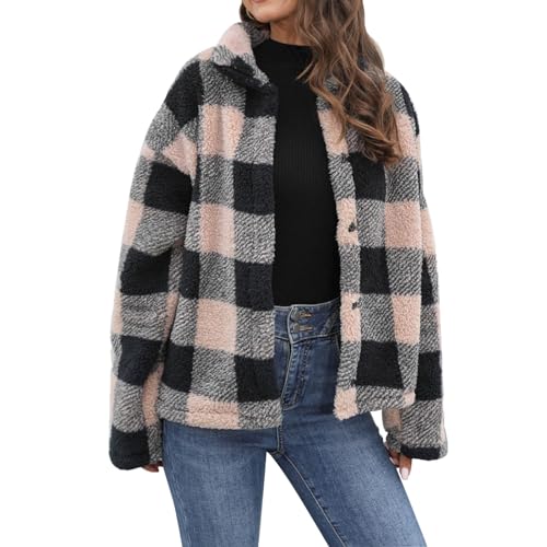 CUPOOD Fleecejacke Damen Lange Ärmel Teddy Fleece Mantel Kariert Warm Winterjacke verdicken jacke elegant Revers Plüschjacke karierter Druck teddyjacke Knopfverschluss Vintage Mode Pink L von CUPOOD