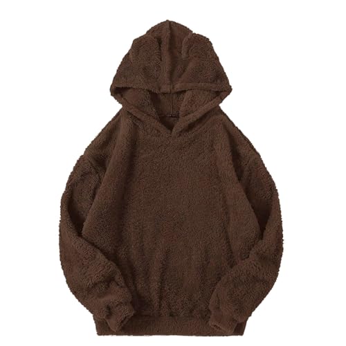 CUPOOD Hoodie Damen Mit Ohren Teddyfleece Flauschig Fleecejacke Warm Kapuze Elegant Pullover Frauen mit Kapuze Plüsch Fleece Einfarbig Pulli Schön kapuzenjacke Freizeit Brown L von CUPOOD