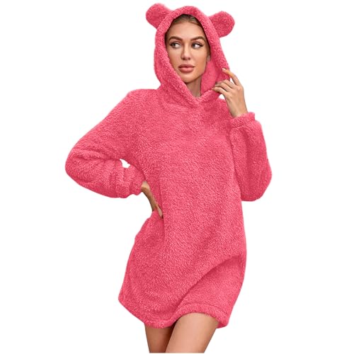 CUPOOD Hoodie Damen Mit Ohren Teddyfleece Flauschig Fleecejacke Warm Kapuze Elegant Pullover Frauen mit Kapuze Plüsch Fleece Einfarbig Pulli Schön kapuzenjacke Freizeit Hot Pink M von CUPOOD