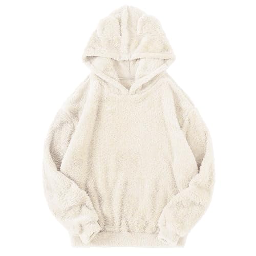 CUPOOD Hoodie Damen Mit Ohren Teddyfleece Flauschig Fleecejacke Warm Kapuze Elegant Pullover Frauen mit Kapuze Plüsch Fleece Einfarbig Pulli Schön kapuzenjacke Freizeit Z White M von CUPOOD