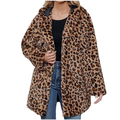 CUPOOD Kapuzenjacke damen lang Warm Mantel lange Ärmel Teddy-Fleece Plüschjacke Leopard Casuale Zip Vlies Winterjacke Hoodie Cardigan Locker Outwear Mode Brown XL von CUPOOD