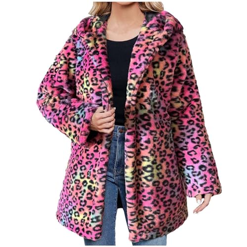 CUPOOD Kapuzenjacke damen lang Warm Mantel lange Ärmel Teddy-Fleece Plüschjacke Leopard Casuale Zip Vlies Winterjacke Hoodie Cardigan Locker Outwear Mode Hot Pink 3XL von CUPOOD