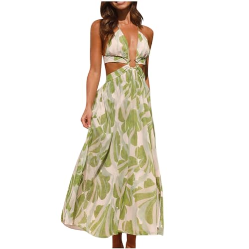 CUPOOD Kleid Damen Sommer Sexy Schlinge Rückenfrei Schlitz Ärmellos V-Ausschnitt Sommerkleid Elegant Viskose Entspannt Bedruckt Bademode für Damen Locker Frauen Abendkleid Sale Leichter Grün M von CUPOOD