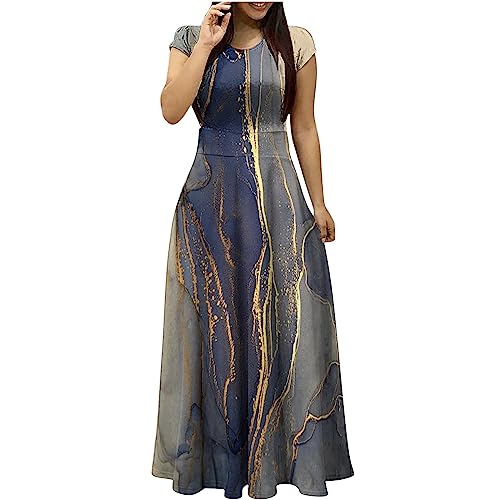 CUPOOD Kleid Damen Sommer Taillenband Kurzarm Rundhalsausschnitt Sommerkleid Damen Leicht Freizeit Casual Bedruckt Pareos & Strandkleider Lose Promo Frau Abendkleid Lang Dunkelblau Weicher Grau M von CUPOOD