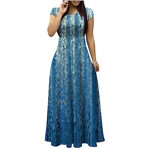 CUPOOD Kleid Damen Sommer Taillenband Kurzarm Rundhalsausschnitt Sommerkleid Damen Leicht Freizeit Casual Bedruckt Pareos & Strandkleider Lose Promo Frau Abendkleid Lang Dunkelblau Weicher Hell Blau von CUPOOD