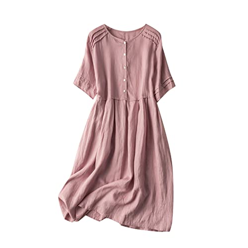 CUPOOD Kleider Damen Sommer Geknöpft Knielang Sassyclassy Strandkleider Damen Sommer Esprit Kurzarm Reine Farbe Bekleidung für Damen A-Linie Promo Female Partykleid Damen Elegant Kurz Komfort Pink M von CUPOOD