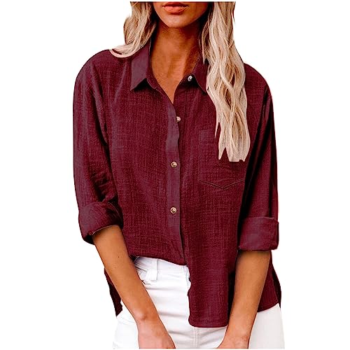 CUPOOD Langarmshirt Damen Hemd Revers Bluse Baumwolle Elegant Hemdbluse Lange Ärmel zum Knöpfen V-Ausschnitt Casual Schlitz Oberteile Tops Arbeit Shirt Mit Tasche Täglich Wine 5XL von CUPOOD