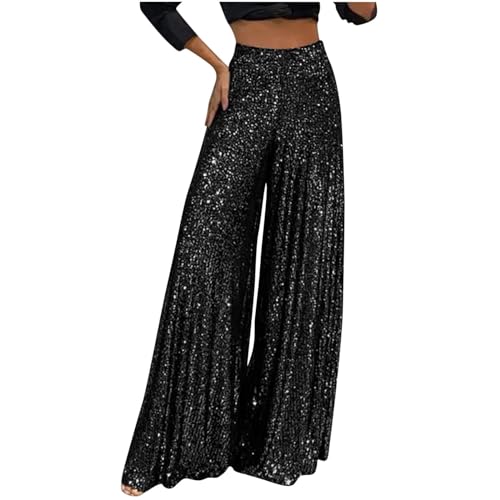 CUPOOD Pailletten Hose Damen Lang Einfarbig Hochtailliert Lose Glänzend Damen Schlaghose Glitzer Pailletten Hose Pailletten Elastischer Bund Mesh Lange Hosen Partyhose Hosen Damen Weites Bein Black von CUPOOD