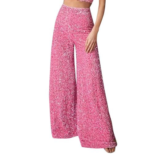 CUPOOD Pailletten Hose Damen Lang Glänzend Oversize High Waist Funkelnd Pailettenhose Damen Pailletten Schlaghose Glitzerhose Party Glitzer Silber 70er Hosen Rave Outfit Hosen Weites Bein Damen Pink von CUPOOD