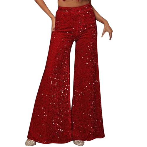 CUPOOD Pailletten Hose Damen Lang Glänzend Oversize High Waist Funkelnd Pailettenhose Damen Pailletten Schlaghose Glitzerhose Party Glitzer Silber 70er Hosen Rave Outfit Hosen Weites Bein Damen Red L von CUPOOD