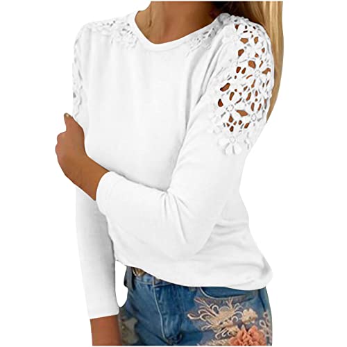 CUPOOD Pullover Damen Elegant Tunika Hollow Out Slim Reine Farbe Spitzen Oberteile Damen Langarm Rundhalsausschnitt Lange Ärmel Bequemer Langarmshirts für Damen Bluse Elegant Für Hochzeit Frauen Weiß von CUPOOD