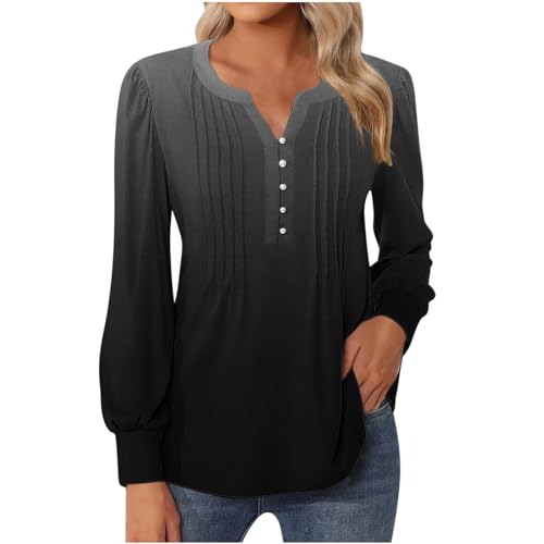 CUPOOD Pullover Damen V-Ausschnitt Falten Langarm Geknöpft T-Shirt Damen V-Ausschnitt Knopfleiste Bluse Solide Tunika Langarm/Kurzarm Tops Sweatshirt Oberteile Damen Elegant D Dark Gray M von CUPOOD