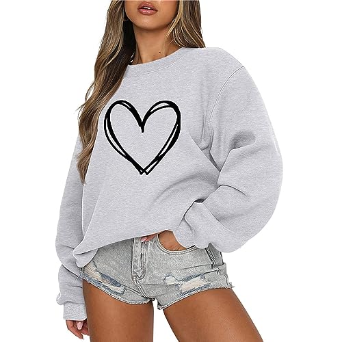 CUPOOD Pullover Sweatshirt Liebesdruck Damen Jacke Langarm Rundhals Pulli Herbst Winter Frauen Locker Casual Damen-Oberteile Sport Streetwear Sweatshirts Bluse TopsGrayL von CUPOOD