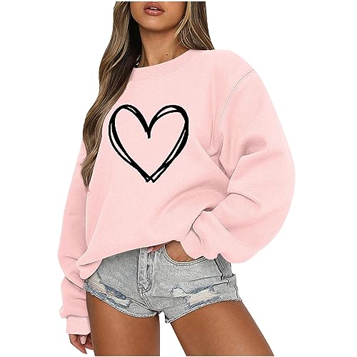 CUPOOD Pullover Sweatshirt Liebesdruck Damen Jacke Langarm Rundhals Pulli Herbst Winter Frauen Locker Casual Damen-Oberteile Sport Streetwear Sweatshirts Bluse TopsPinkL von CUPOOD