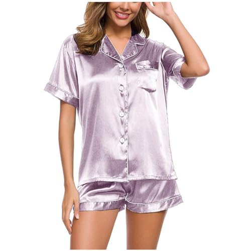 CUPOOD Pyjama Damen Satin Schlafanzug mit Knopfleiste Kurze Ärmel Nachtwäsche Revers Pyjamas Set Zweiteiliger Seide Nachtwäsche Schlafanzughosen Kurze Hose Hausanzug Frauen Purple M von CUPOOD