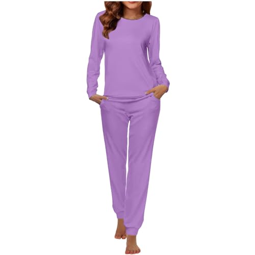 CUPOOD Schlafanzug Damen Lang Pyjama Set Lose Baumwolle V-Ausschnitt Zweiteiliger Nachtwäsche Langarm Sleepwear Pyjamahose Loungewear Mit Tasche Kordelzug Negligee Lässig Z1 Purple S von CUPOOD