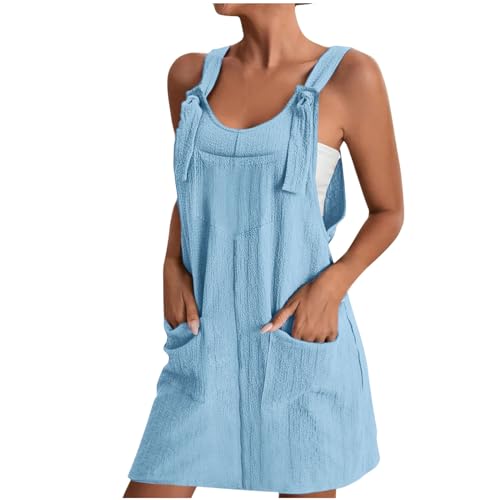 CUPOOD Sommerkleid Damen Leicht Ärmellos V-Ausschnitt Mini Latzrock Latzkleid Damen A-Linie mit Taschen Kleider Damen Festlich Lang Promo Frauen Damen-Kleider Bequem A012 Hell Blau XL von CUPOOD