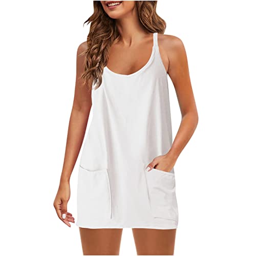 CUPOOD Sommerkleid Damen Leicht Ärmellos V-Ausschnitt Mini Spaghetti-Träger Taschen Locker Strandkleider mit Taschen Einfarbig Kleider Elegant Lang Sale Female Cocktailkleider für Damen Bequemer A002 von CUPOOD