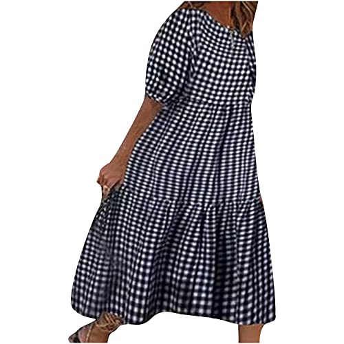 CUPOOD Sommerkleid Damen Leicht Kurzarm Midi Patchwork Lockere Freizeitkleid Damen Sommer Karierter Druck Kleider Damen Sommer Kurz Förderung Frau Cocktailkleider für Damen Leichter A022 Blau XXL von CUPOOD