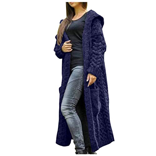 CUPOOD Strickjacke Damen Grobstrick Lang Strickmantel Mit Tasche Strickcardigan Open Front Sweater Cardigan Einfarbig Grobstrickjacke Locker Longstrickjacke ÜBergangsjacke Casual Blue 5XL von CUPOOD