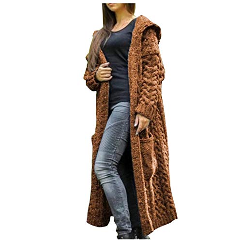 CUPOOD Strickjacke Damen Grobstrick Lang Strickmantel Mit Tasche Strickcardigan Open Front Sweater Cardigan Einfarbig Grobstrickjacke Locker Longstrickjacke ÜBergangsjacke Casual Brown XL von CUPOOD