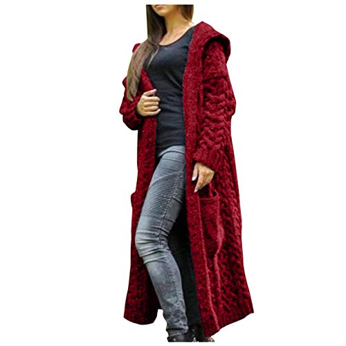 CUPOOD Strickjacke Damen Grobstrick Lang Strickmantel Mit Tasche Strickcardigan Open Front Sweater Cardigan Einfarbig Grobstrickjacke Locker Longstrickjacke ÜBergangsjacke Casual Red 4XL von CUPOOD