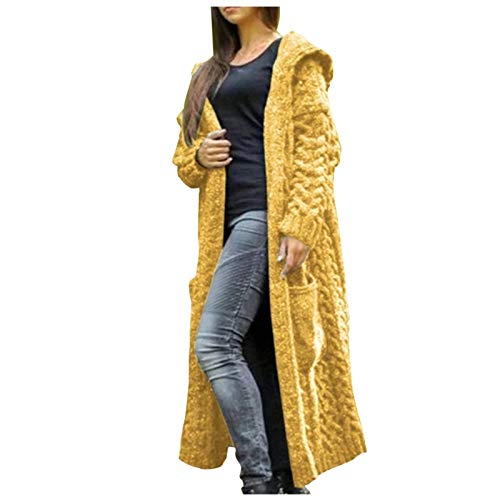 CUPOOD Strickjacke Damen Grobstrick Lang Strickmantel Mit Tasche Strickcardigan Open Front Sweater Cardigan Einfarbig Grobstrickjacke Locker Longstrickjacke ÜBergangsjacke Casual Yellow S von CUPOOD