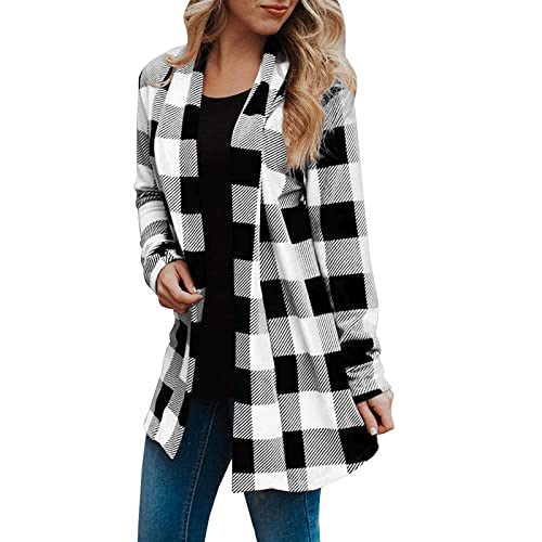 CUPOOD Strickjacke Damen Karierter Druck Langarmshirt Kein Hut Mittellange Mantel Lange Ärmel Freizeithemd elegant Karierte Bluse Herbst und Winter Top Mode Zuhause Black XXL von CUPOOD