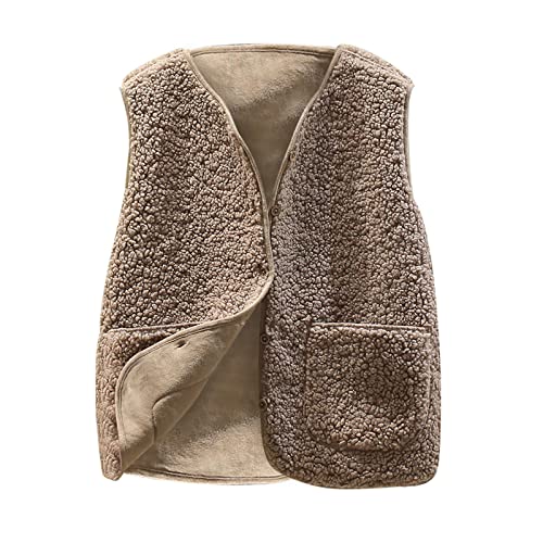 CUPOOD Teddy Fleece Weste Damen Kein Hut Dickes Polar Fleece Kurze Weste Winter Weiche Thermoweste V-Ausschnitt Jacke Warme Taschen Ärmellose Weste Für Frauen Casual Oberteile Khaki S von CUPOOD