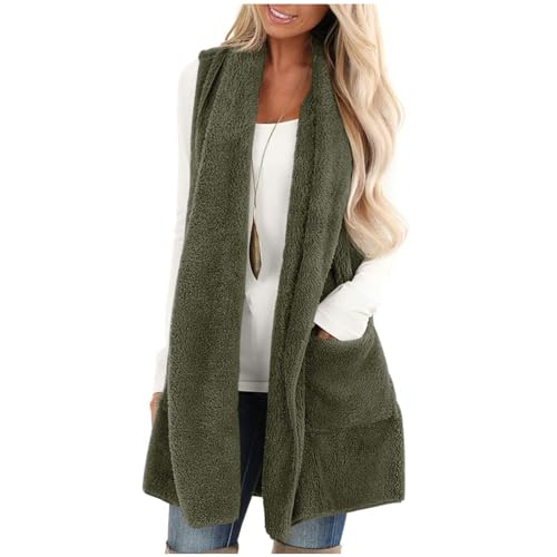 CUPOOD Teddyjacke Damen ärmellos Teddy Weste Kein Hut mittlere Länge Damenwesten Jacke Weste Mit Tasche Fleeceweste Elegance Freizeit Plüschjacke Herbst Winter Warm Cardigan Frauen Winterjacke von CUPOOD