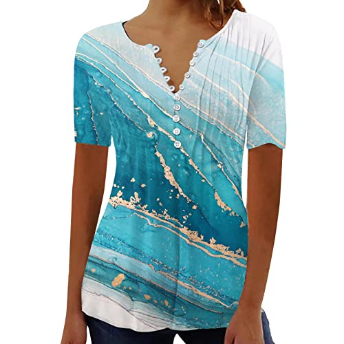 CUPOOD Tunika Damen Sommer Ausgefallene Drucke Sommerbluse Damen V-Ausschnitt Kurzarm Tops, T-Shirts & Blusen für Damen Locker Knopfleiste Gürtel Falten Frau Oberteil Damen Elegant Sexy Komfort Grün von CUPOOD