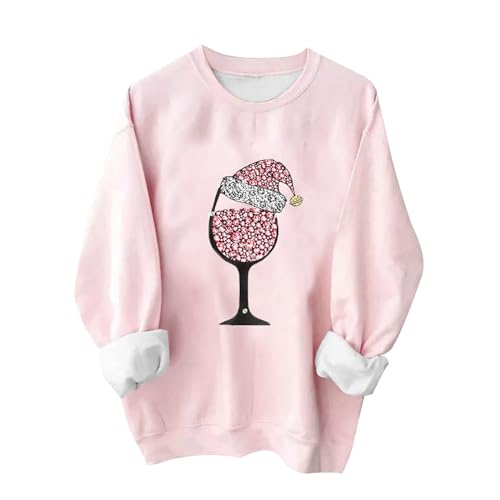 CUPOOD Weihnachten Sweatshirt Damen Weihnachtsdruck Langarm Rundhalsausschnitt Weihnachten Pullover Christmas Sweat Oberteile Lustige Weihnachtspullover Frauen Winter Locker E1 Pink S von CUPOOD