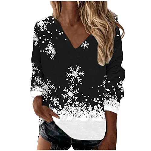 CUPOOD Weihnachtspullover Damen Langarm V-Ausschnitt Weihnachten Oberteile Weihnachten Schneeflockendruck Christmas Sweat Oberteile Weihnachtspulli Lässig Weihnachtsoutfit Xmas Blusen Mode Gray S von CUPOOD