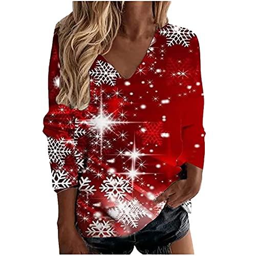 CUPOOD Weihnachtspullover Damen Langarm V-Ausschnitt Weihnachten Oberteile Weihnachten Schneeflockendruck Christmas Sweat Oberteile Weihnachtspulli Lässig Weihnachtsoutfit Xmas Blusen Mode Red 3XL von CUPOOD