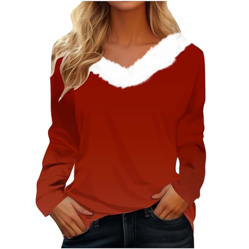 CUPOOD Weihnachtspullover Damen pelzigem V-Ausschnitt Spleißen Sweatshirt Langarm Weihnachten Pullover Slim Casual Christmas Sweat Base Oberteile Tops für Frauen Mädchen Party Red 3XL von CUPOOD